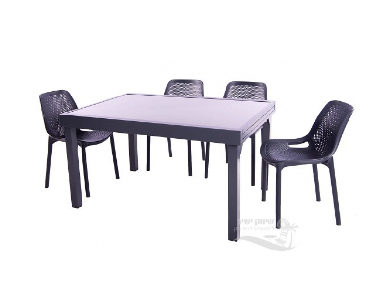 שולחן 140 280 זכוכית אפור ו4 כסא רשת 3