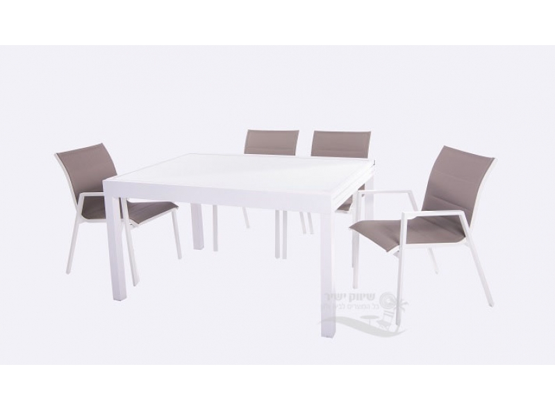 שולחן 140 280 זכוכית לבן ו4 כסא אביב 2