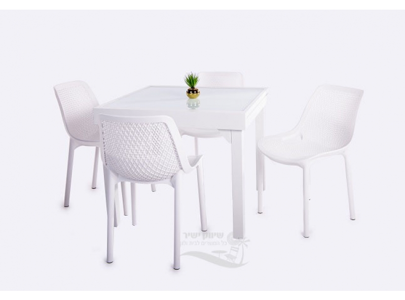 שולחן 90 90 זכוכית לבן ו4 כסא רשת 11